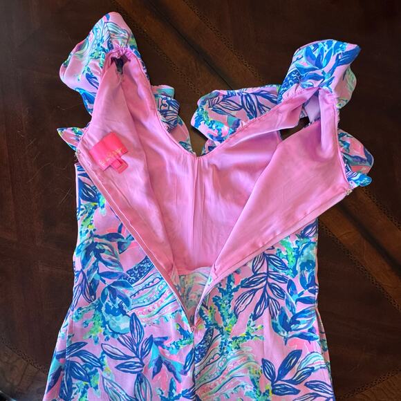 Lilly Pulitzer Linwood Ruffle Romper Pink Floral under short with over skirt 2 - Picture 7 of 9